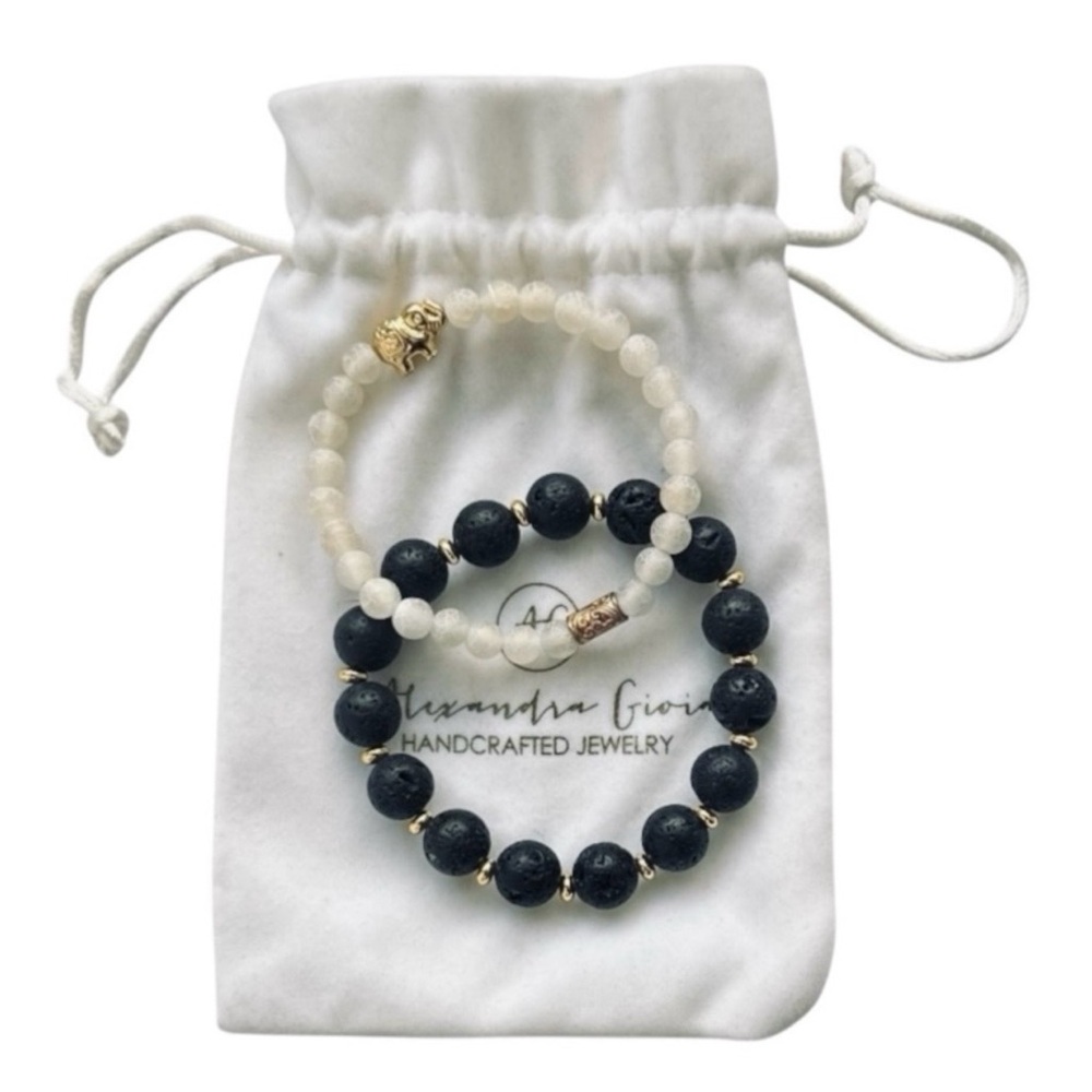 Set of 2 Alexandra Gioia Black Lava Stone & White Clover Druzy Stretch Bracelets